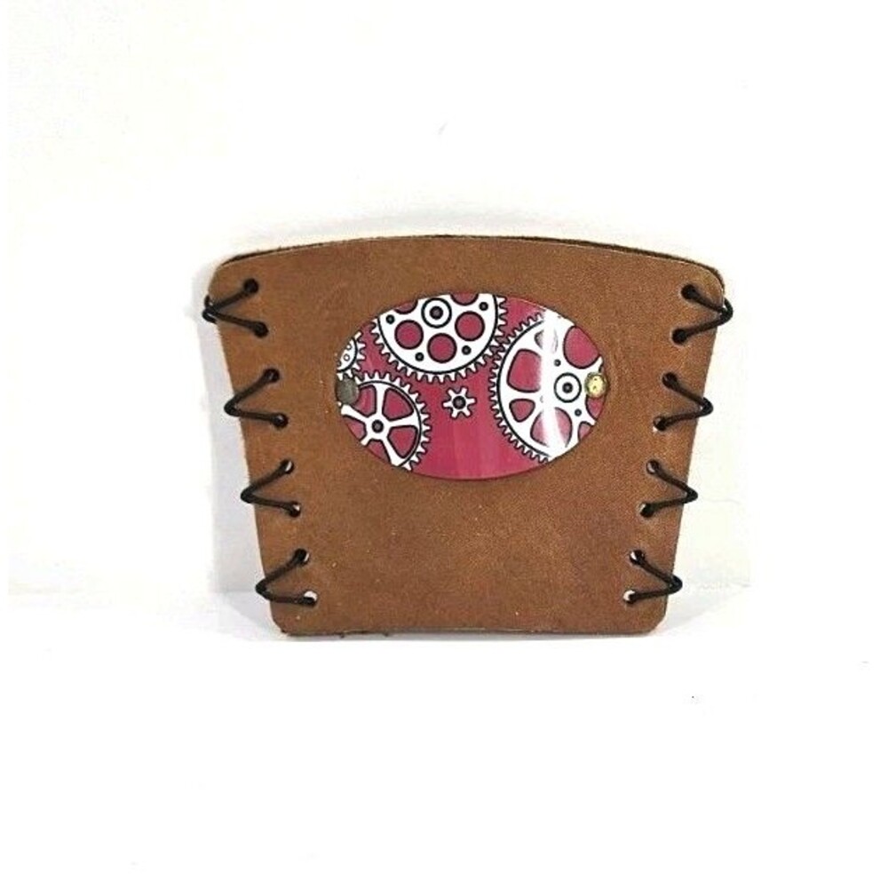 Oowee Handmade Stitched Leather Drink Coozie Pint Glass Sleeve Bicycle Gears USA